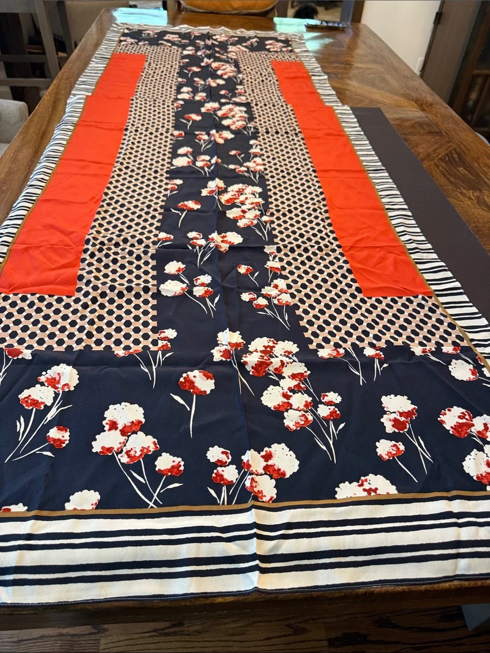 Tory Burch Navy Floral Silk Scarf with Red Panels